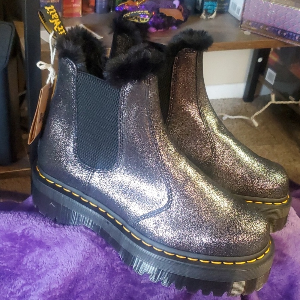 Dr. Martens Metallic Glitter Platform Chelsea Boots in Black/Silver